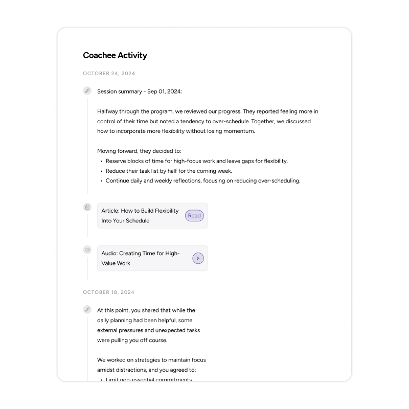 An image showing session activities and coachee progress